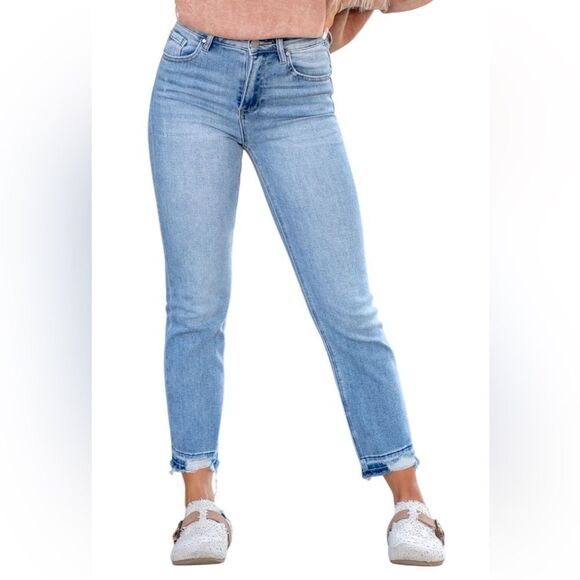 RISEN Shadow Hem High Rise Distressed Straight Leg Jeans 9 29 - Picture 1 of 15